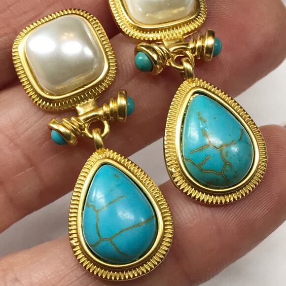 Kovonchy Signed 925 Stud Turquoise White Pearl Earrings Drop Egyptian Revival - Picture 10 of 11